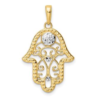 Diamond2Deal 14k Yellow Gold White Rhodium Diamond-Cut Evil Eye Filigree Hamsa Pendant