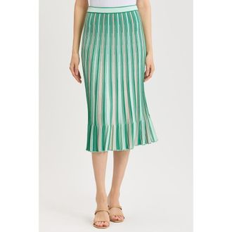 Ming Wang Flared Flounce Soft Knit Midi Skirt in Kelly Green/eucalyptus/ivory at Nordstrom, Size X-Small