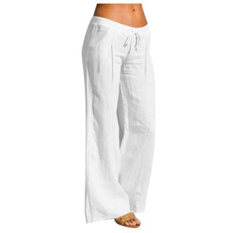 Generic Womens Cotton Linen Trousers UK Summer Casual Pants Elastic Waist Bottoms Straight Wide Leg Lounge Pocket Drawstring Ladies Palazzo Loose Sweatpants C