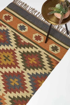 Homescapes Lucea Orange & Blue Kilim Wool Rug | Size: 240 cm x 300 cm