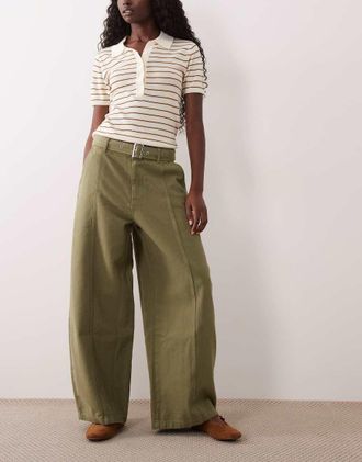 Asos jeans a gamba larga in canvas con cintura in oliva-Marrone