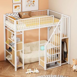 OEM Letto A Soppalco Multifunzionale 90 X 200 Cm, Letto In Metallo Con Vano Contenitore, Ripiani E Scaletta, Adatto Ad Adulti E Bambini, Bianco