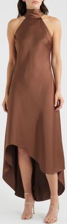 CeCe by Cynthia Steffe Tie Back Sleeveless High/Low Satin Gown in Cocoa Brown at Nordstrom, Size 16