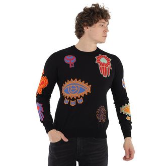 Roberto Cavalli Mens Black / Multicolor Bandana Symbol Instarsia Sweater, Size Medium