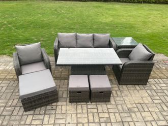 Fimous Outdoor Rattan Furniture Sofa Garden Dining Sets Adjustable Rising lifting Table & Chair Set With Side Table in Dark Grey