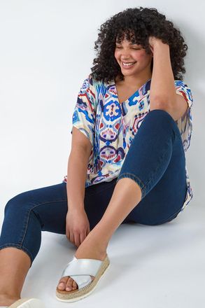 Roman Aztec Print V-Neck Pleat Front Top