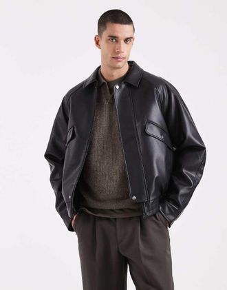 Asos Giacca harrington vestibilit&agrave; comoda in pelle sintetica nera-Nero