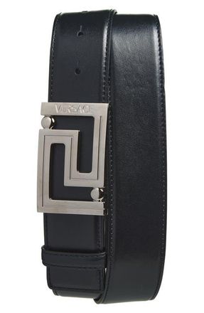 Versace Greca Leather Belt in Black Silver at Nordstrom, Size 105