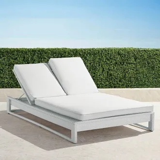 Frontgate Palermo Double Chaise Lounge in White Wicker - Standard, Air Blue with Natural Piping - Frontgate