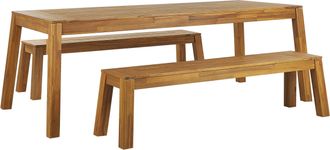 Beliani Juego De Comedor Para Jard&iacute;n De 3 Piezas Mesa Rectangular De Madera Laminada De Acacia 2 Bancos Dise&ntilde;o R&uacute;stico Para Interiores Y Exteriores Livorno