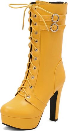 Generic Womens Punk Style Platform Chunky Heel Boots, Mid-Calf with Front Lacing, Side Zip, and Buckle,Yellow,7.5 UK