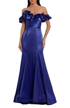 Mac Duggal Satin Ruffle Off the Shoulder Mermaid Gown in Cobalt at Nordstrom, Size 10