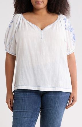 Max Studio Floral Embroidered Puff Sleeve Top in White/Blue Sunflower at Nordstrom Rack, Size 1X