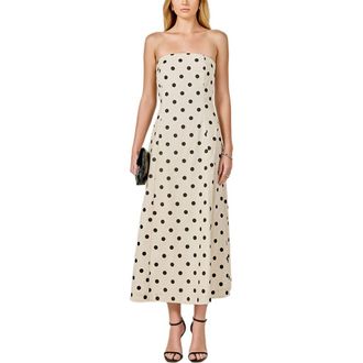 endless rose Polka Dot Strapless Linen & Cotton Dress in Sand/Black at Nordstrom, Size X-Small