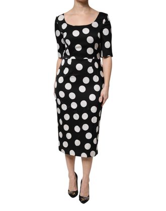 Dolce & Gabbana Womens Black White Polka Dot Silk Sheath Midi Dress And Elastane