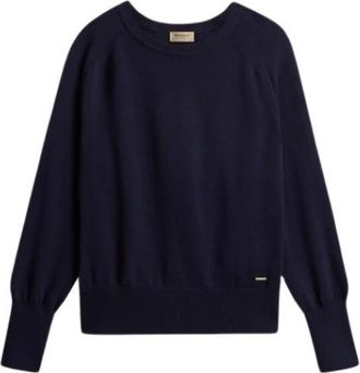 Woolrich Cotton Modal Crewneck - Dames - Ronde hals truien - Blauw - M - Katoen - Truien & Vesten