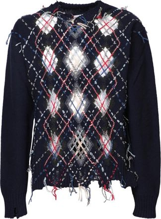Maison Margiela Trui met contrasterende stiksels - Heren - Ronde hals truien - Blauw - S - Wol - Truien & Vesten