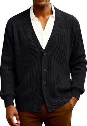 Generic 5-Button Knit Cardigan for Men Long Sleeve Sweater Casual Winter Cozy Knitted Loose Fi Deep Neck Button-Down Solid Cardigan Black 3XL