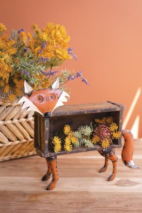 Kalalou Recycled Metal Fox With Wooden Brick Mold