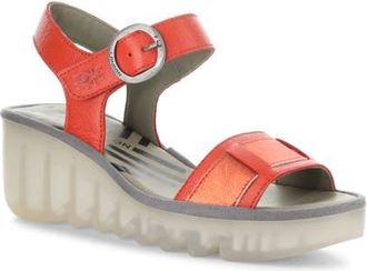 FLY London Beik Ankle Strap Platform Wedge Sandal in 002 Red at Nordstrom, Size 10-10.5Us