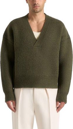 Mani&egrave;re De Voir Chad V-Neck Wool Knit Jumper in Deep Olive at Nordstrom, Size Medium