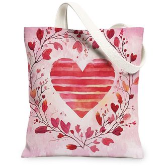 Generic Heart Floral Canvas Tote Bags, Leaf Pattern Reusable Grocery Bags, Spring Vintage Chic Lightweight Washable for Outdoor Travel Picnic 13x15 Inch