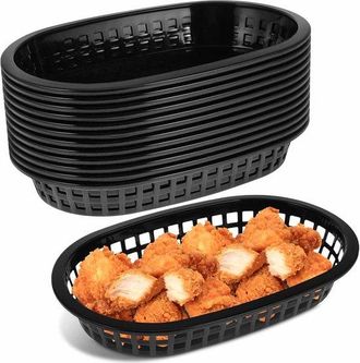 OEM Juego De 12 Cestas Negras Para Aperitivos, Cesta Ovalada De Pl&aacute;stico Reutilizable De 23 Cm Para Pan, Patatas Fritas, S&aacute;ndwiches, Fruta Y Dulces