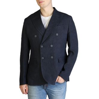 Yes-Zee Mens Classic Fit Double Breasted Blazer - Dark Blue Linen - Size EU 44 (Mens)