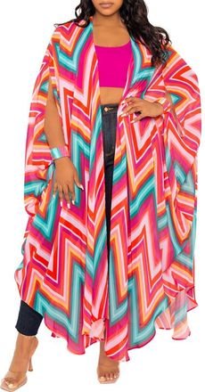 Buxom Couture Chevron Print Chiffon Robe with Wrist Bands in Pink Multi at Nordstrom