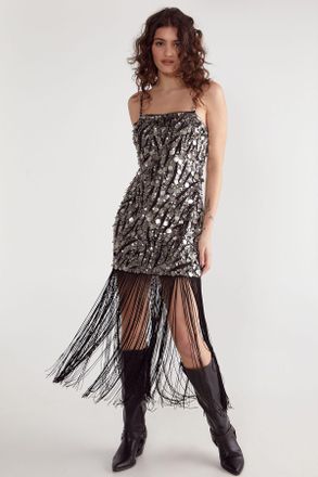 NASTY GAL Womens Zebra Hand Embellished Disc Sequin Tassel Mini Dress - Black - Size 8 UK