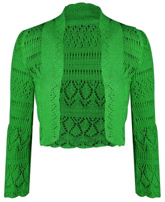 Generic New Ladies Womens Long Sleeve Crochet Bolero Shrug Plain Cropped Knitted Open Cardigan Tops 8-14 Green
