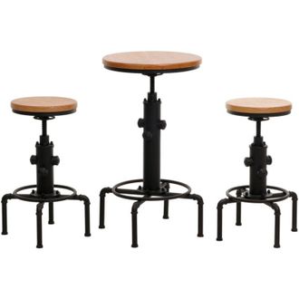 Hhg Set tavolo + 2x sgabelli da bar 970, tavolo alto altezza regolabile girevole acciaio industriale legno, naturale