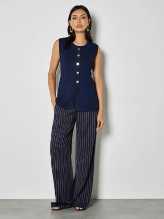 Apricot Button Ribbed 2 Pocket Waistcoat In Navy