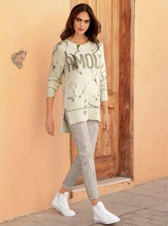 Heine Strickpullover HEINE Pullover, Damen, Gr. 34, beige (sand, gemustert), 59% Baumwolle, 39% Polyacryl, 2% metallisierte Fasern, bedruckt, gemustert, meh