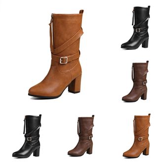 Generic Womens Mid Calf Boots Round Toe Zip Front Chunky Heel Fringe Square Buckle Western Ankle Boots(Yellow, 37)