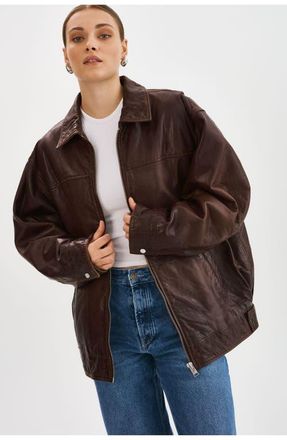 LaMarque THEIA | Leather Bomber Jacket in Dark Brown at Nordstrom, Size X-Small