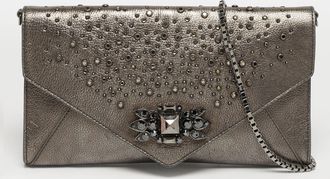 Roberto Cavalli Crystal Embellished Metallic Grey Leather Chain Clutch