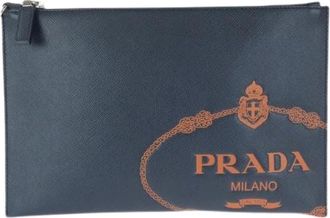 Prada Pre-owned Saffiano Leather Clutch Bag - Heren - Vintage Clutch - Blauw - ONE Size - Leer - Vintage