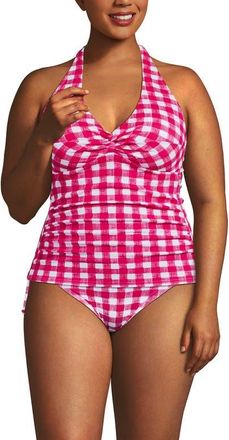 Lands End Twist Halter Tankini Top in Azalea Pink Gingham Pique at Nordstrom, Size 18W