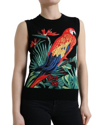Dolce & Gabbana Womens Black Bird Wool Knit Sleeveless Tank T-Shirt Virgin Silk