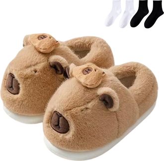 Generic Capybara Slippers for Women Men, Cute Plush Cartoon Slippers, Winter Warm with Non-slip Thick Sole (Khaki-E, One Size, Adult, Women, 9.5, Numeric Rang