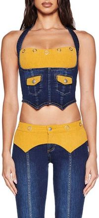 I.AM.GIA Tommie Mixed Media Halter Corset Top in Dark Wash at Nordstrom, Size X-Small
