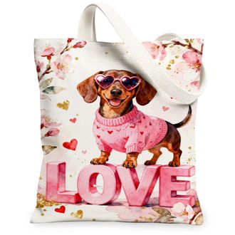 Generic Floral Dog Canvas Tote Bag, Cute Animal Design Reusable Grocery Bags, ValentineS Day Lightweight Washable Shoulder Strap C, White, 13x15 Inch