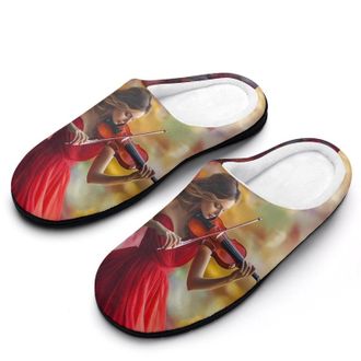 Generic Woman Playing Violin Womens Slippers Warm House Slippers Indoor House Shoes with Anti-Skid Rubber Sole