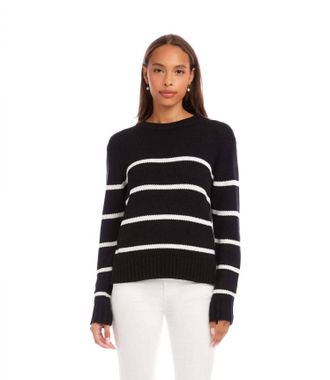 Karen Kane Stripe Crewneck Sweater In Black With Off White