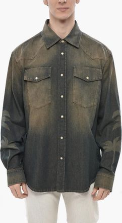 Palm Angels Camicia in Denim Vintage Washed con Motivo Palm Palm Angels
