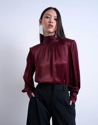Topshop Blusa con allacciatura stile sciarpa in raso bordeaux-Viola