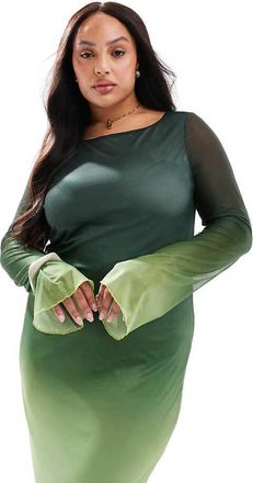 Vero Moda Curve long sleeved mesh dress in green ombre print