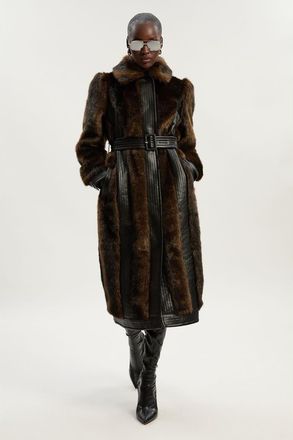 Karen Millen Faux Fur PU Panelled Belted Midi Coat in Chocolate at Nordstrom, Size 12