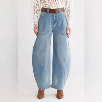Avec Les Filles High Waisted Barrel Jeans In Blue
